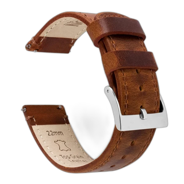 Barton Weathered Brown Leather Watch Band 22mm (Steel Buckle)
